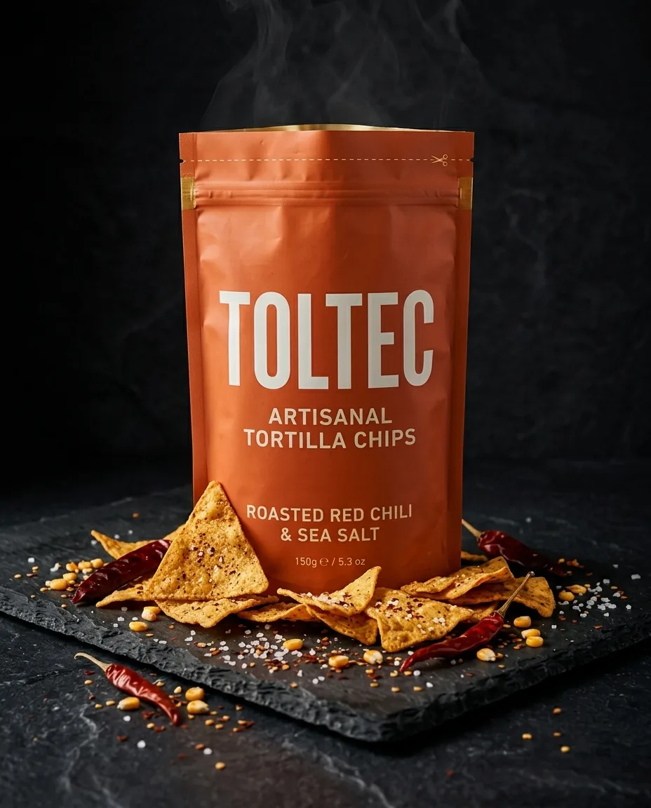 TOLTEC tortilla chips — product hero on dark slate