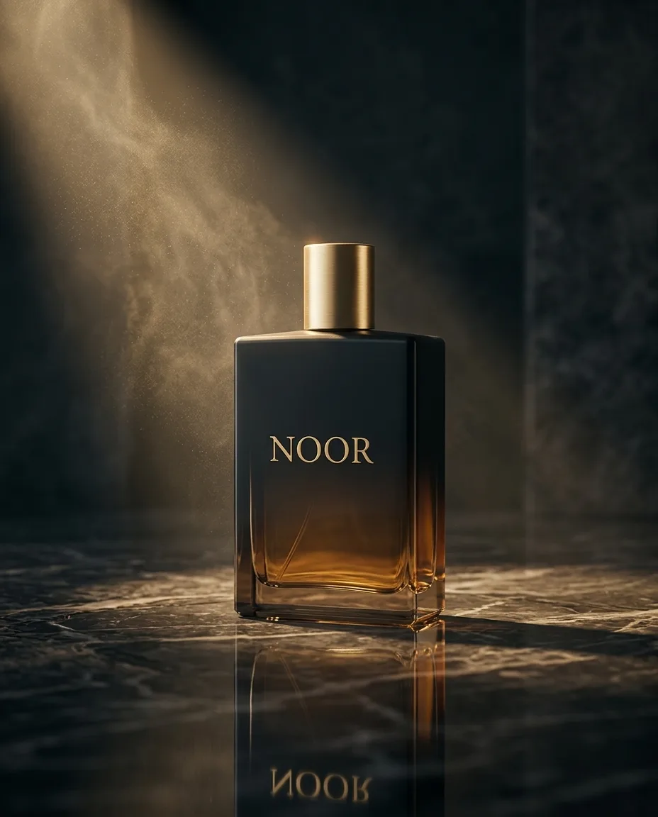 NOOR fragrance bottle on marble in golden light