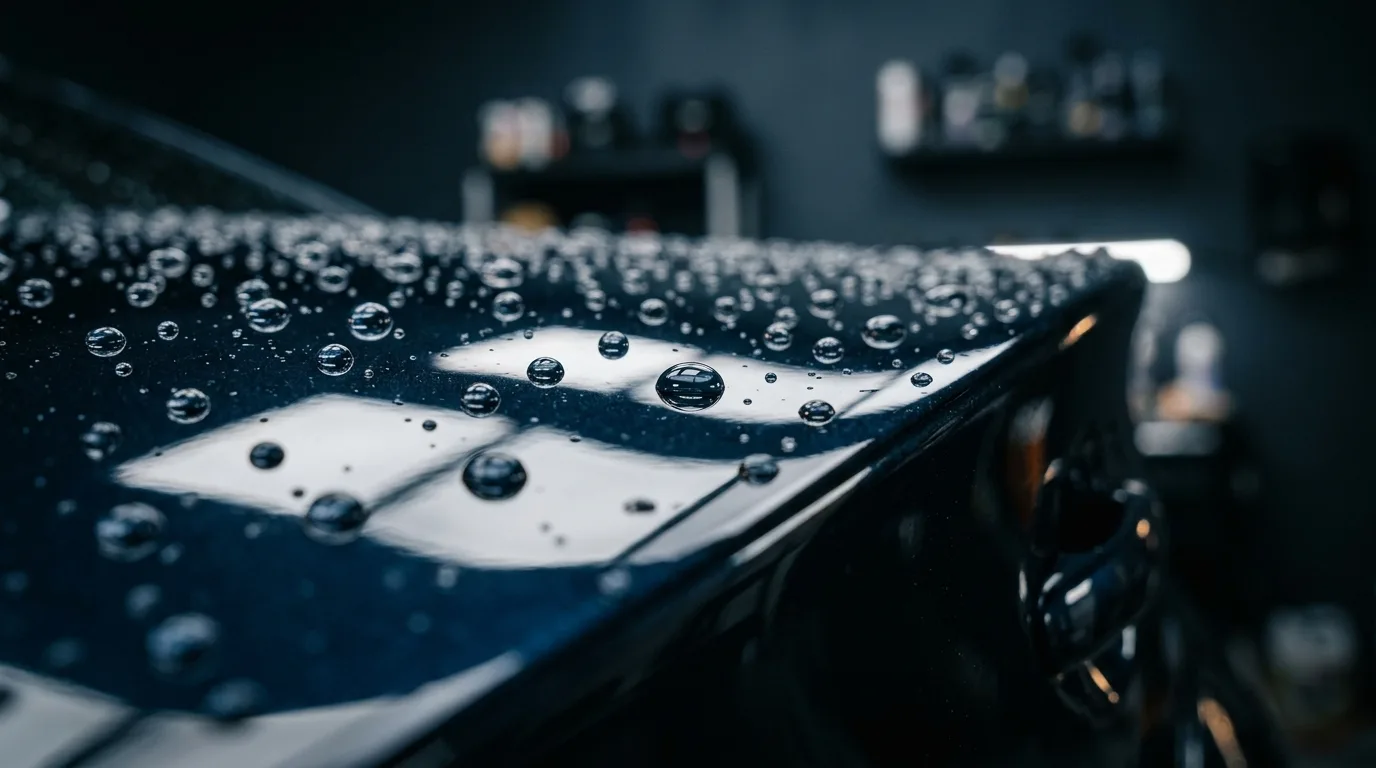 VELOX auto detailing — water-bead macro on a glossy panel