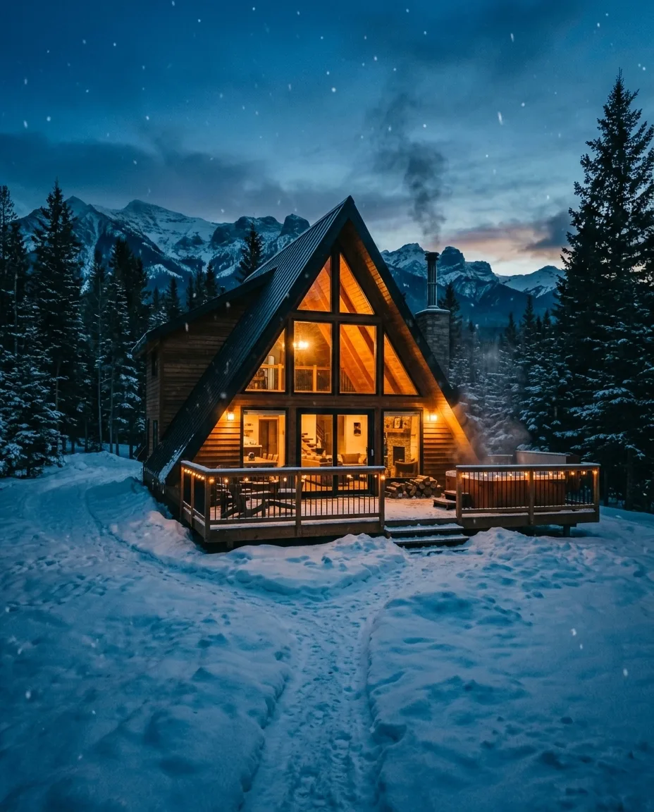LARKSPUR cabin at dusk in the snow