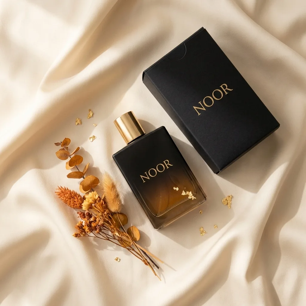 NOOR fragrance — flat lay with box on silk
