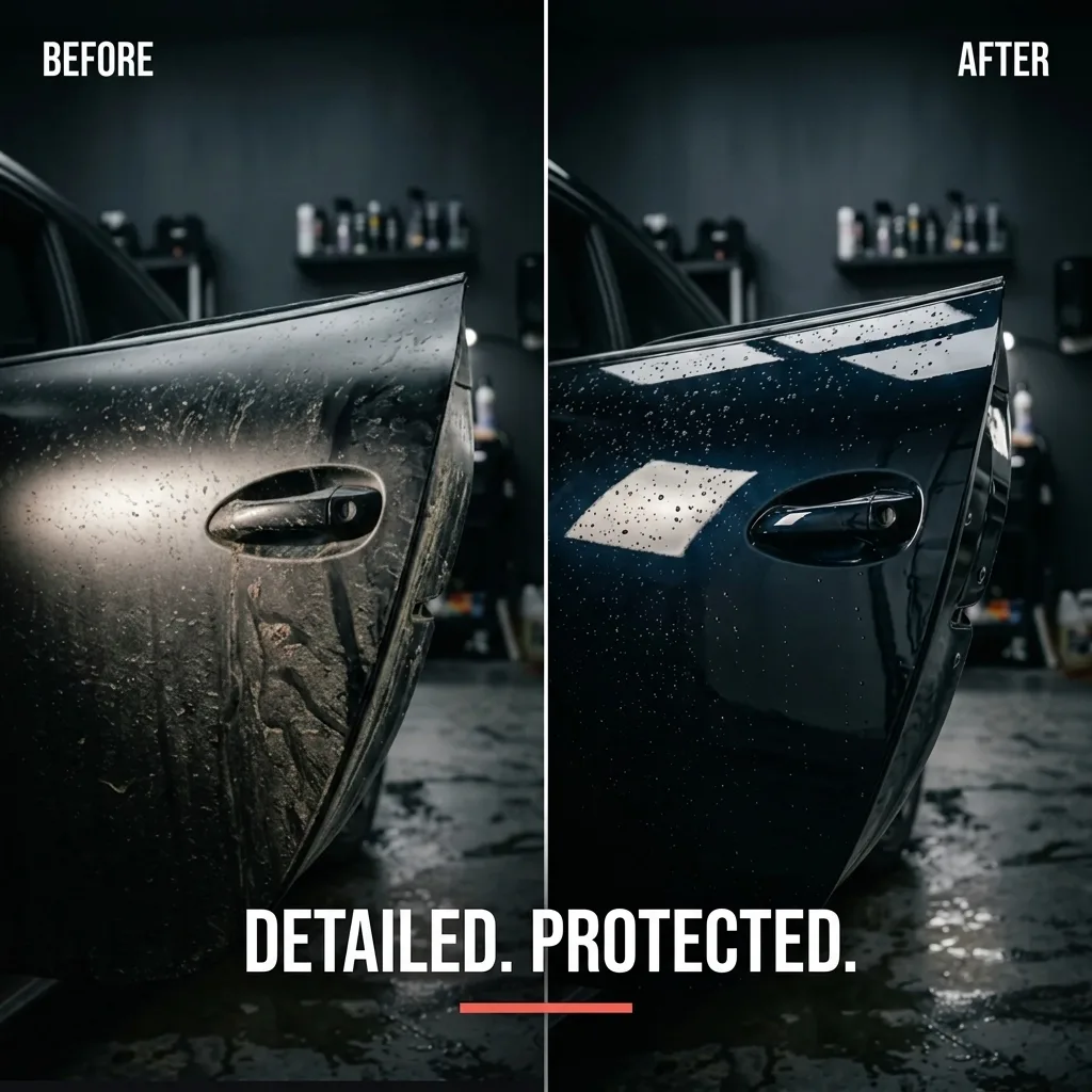 VELOX detailing — before-and-after ad, “Detailed. Protected.”