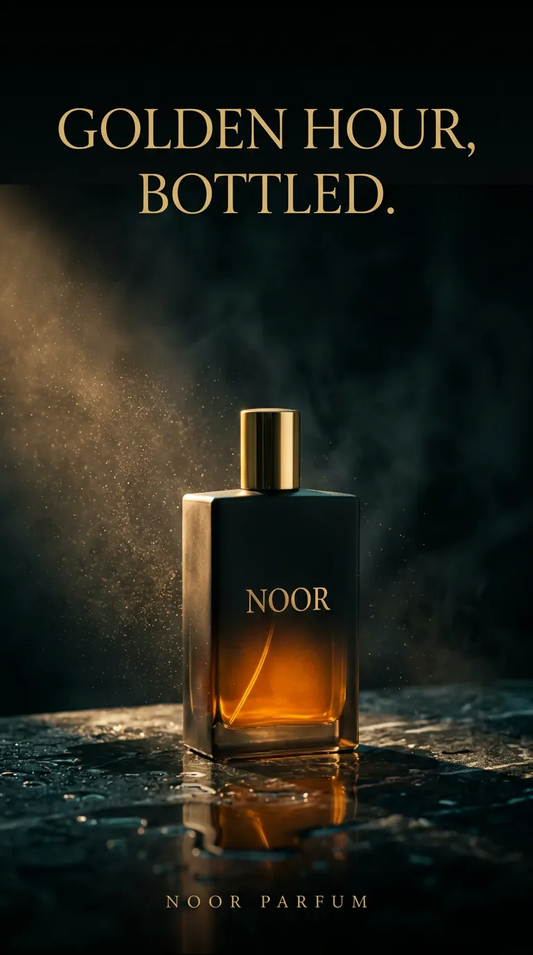 NOOR fragrance story ad — “Golden hour, bottled.”